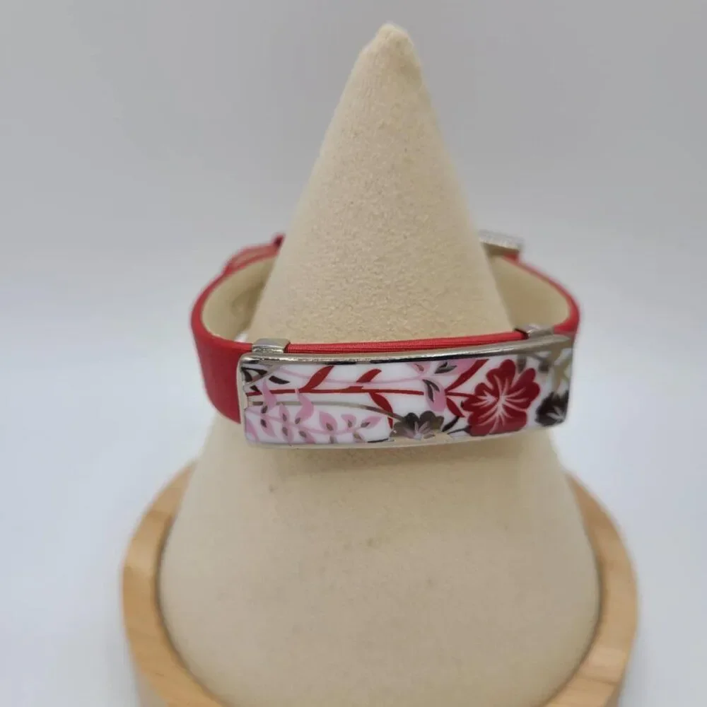 Bernaraud Limoges Porcelain Red Floral Red Leather Bracelet NWOT!